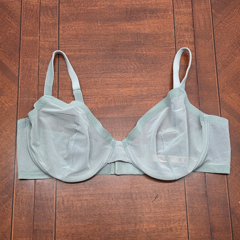 Victoria Secret Sage Green Sheer Mesh Logo Band Unlined Underwire Bra 38D